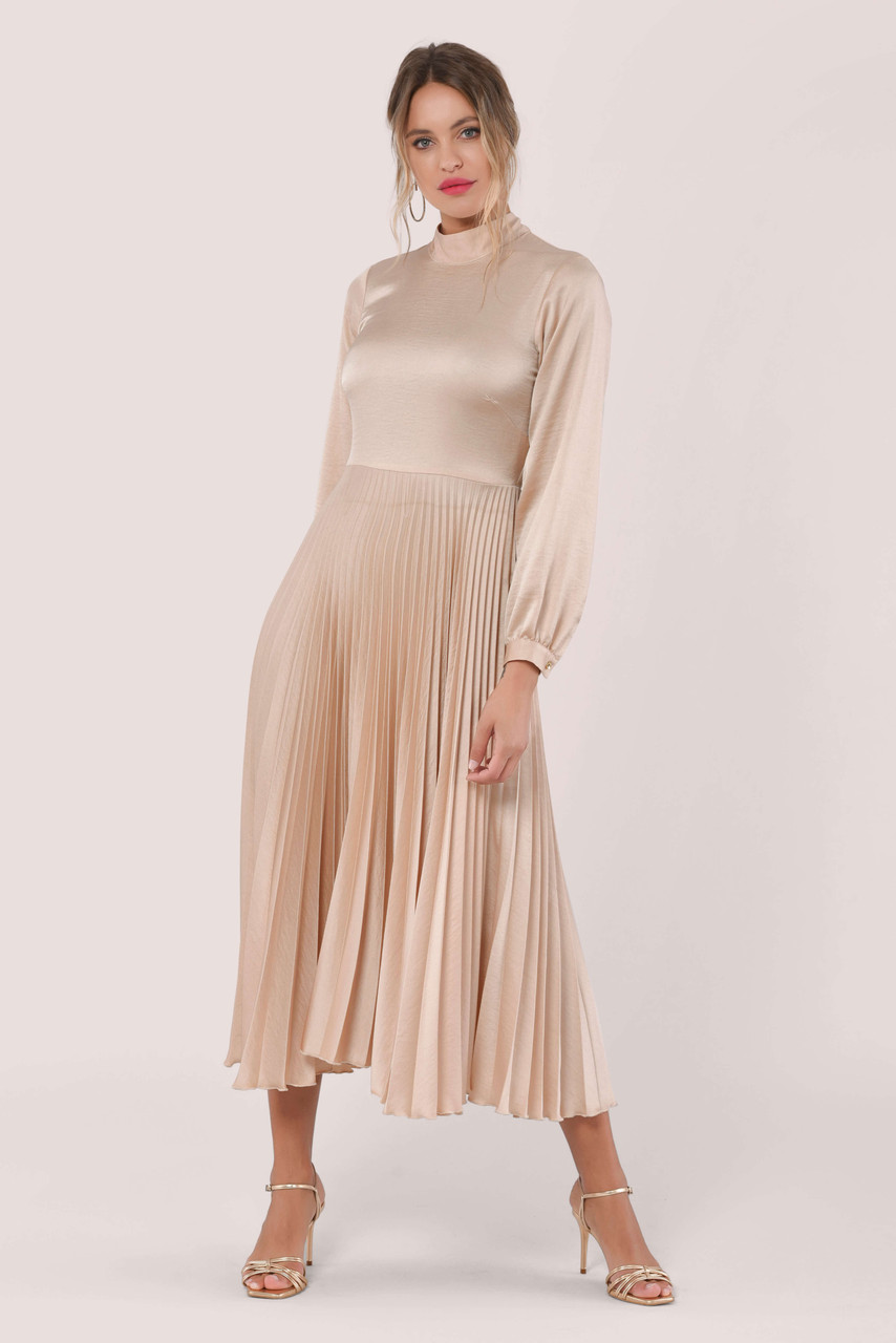 Beige Long Sleeve Pleated Midi Dress